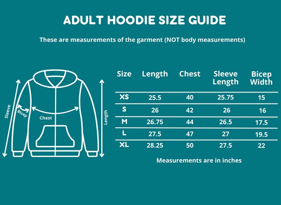 size chart for adult sensory hoodie