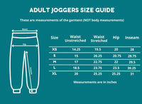 Size chart for adult sensory friendly joggers