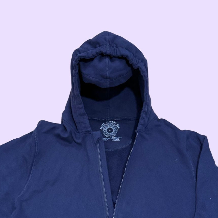 Blue sound reducing sensory hooded sweatshirt with eye mask for sensory break with a brand logo on a light purple background