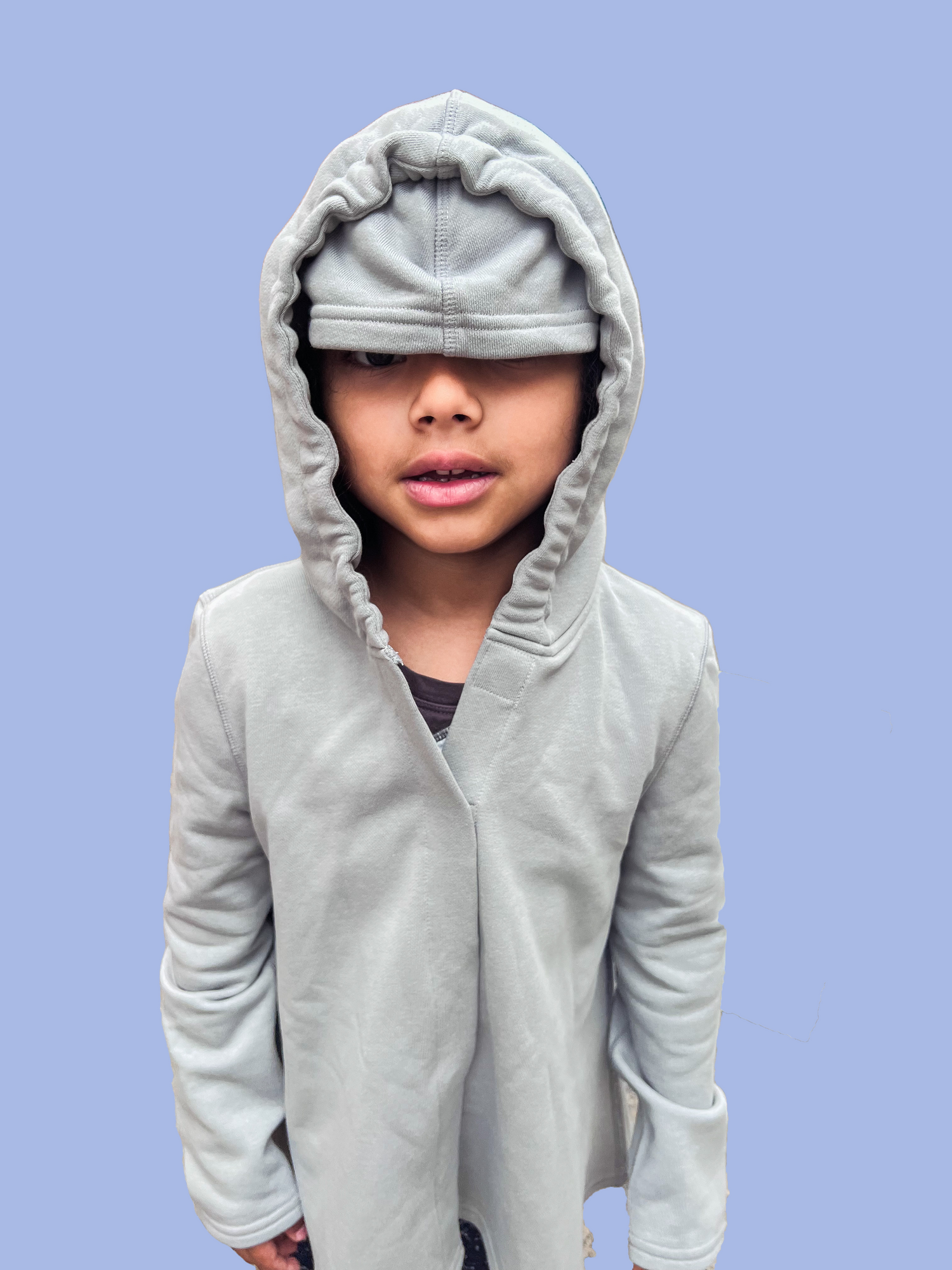 Sensory friendly hoodie for visual and sound sensitivity. Eye mask down to prevent sensory overload