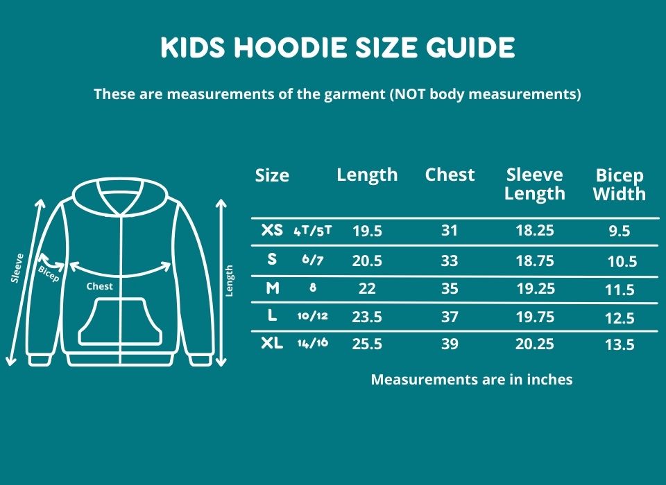 kids hoodie size chart