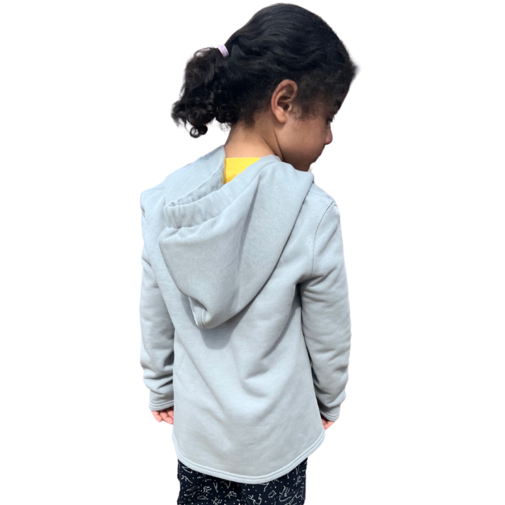 Hood down on sound reducing sensory hoodie.
