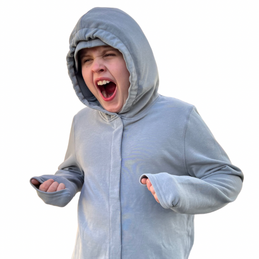 Autistic model in sensory hoodie featuring sound reducing hood